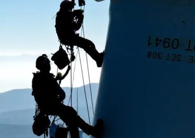 Two men suspended from the side of a wind turbine, engaged in maintenance work high above the ground.