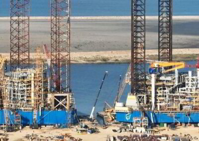 Port construction site, highlighting cranes and laborers working diligently on the waterfront project.