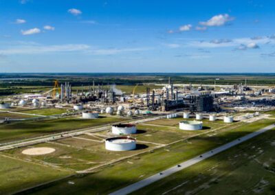 An oil refinery stands prominently in a vast field, showcasing industrial structures against a natural landscape