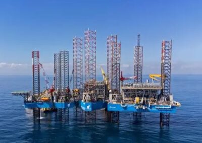 An LNG carrier is stationed at a port facility, with visible pipelines and storage structures under a clear sky.